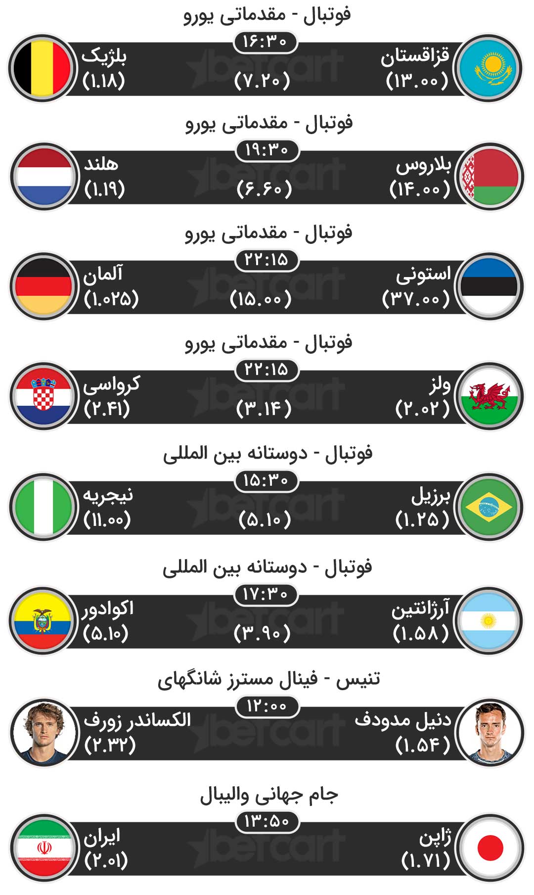 مهمترین مسابقات ورزشی ۲۱ مهر در سایت بتکارت 2 | 41870 مسابقات ورزشی