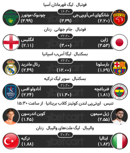 مهم‌ترین مسابقات ورزشی 29 خرداد در سایت بتکارت