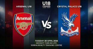 Ù¾ÙˆØ³ØªØ± Ø¨Ø§Ø²ÛŒ آرسنال زیر ۱۸ سال Ù…Ù‚Ø§Ø¨Ù„ کریستال پالاس زیر ۱۸ سال Ø¯Ø± لیگ برتر زیر ۱۸ سال - جنوب